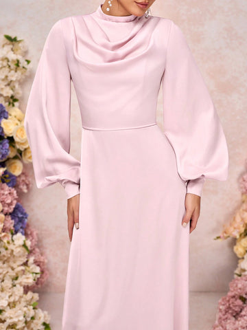 Elegant Pink Satin Draped Neck Lantern Sleeve A-Line Bridesmaid Dress