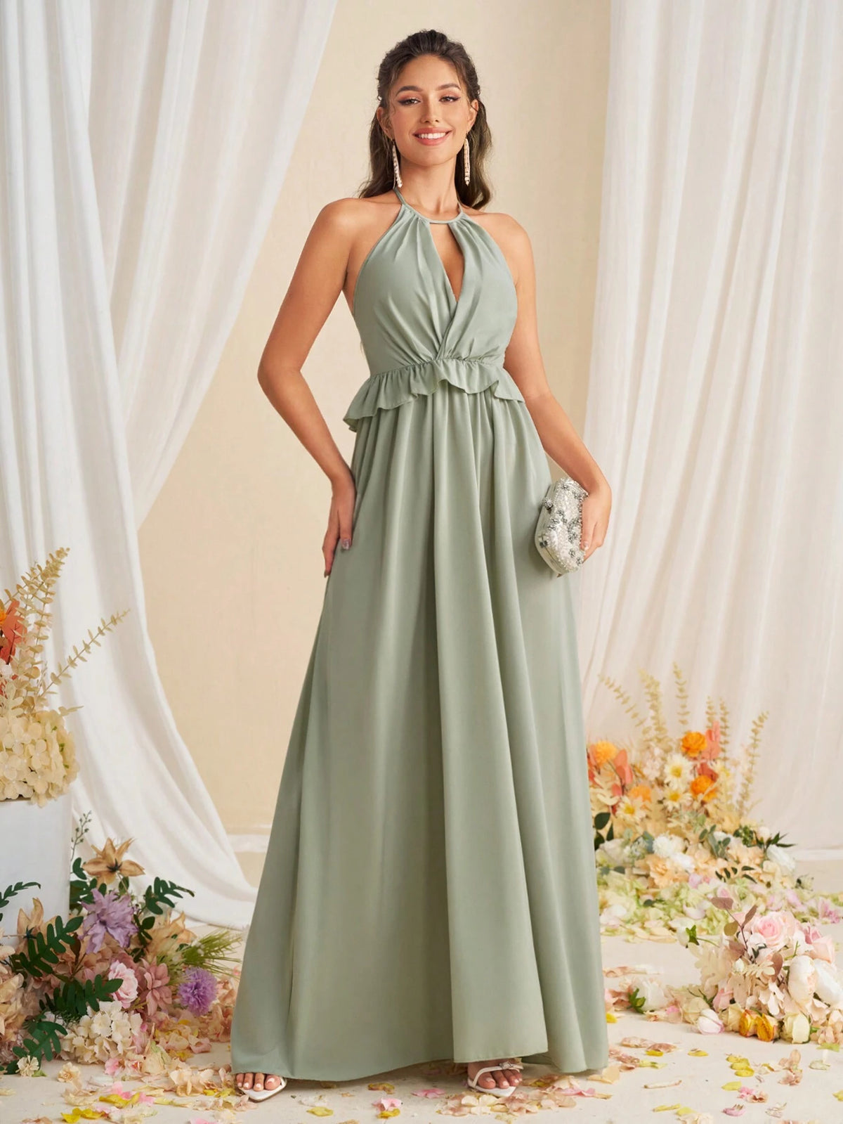 Elegant Plain Strapless Ruffled Bridesmaid Dress With Halter Neck