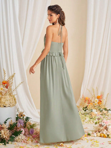 Elegant Plain Strapless Ruffled Bridesmaid Dress With Halter Neck