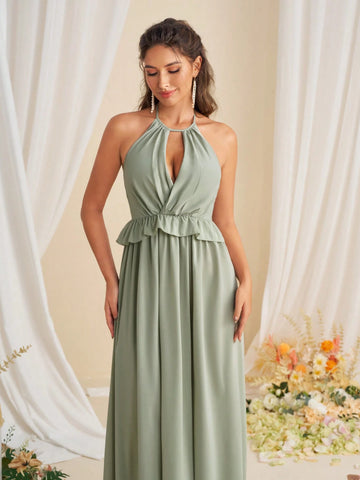 Elegant Plain Strapless Ruffled Bridesmaid Dress With Halter Neck