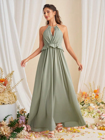 Elegant Plain Strapless Ruffled Bridesmaid Dress With Halter Neck