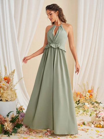 Elegant Plain Strapless Ruffled Bridesmaid Dress With Halter Neck