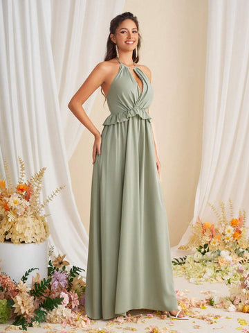 Elegant Plain Strapless Ruffled Bridesmaid Dress With Halter Neck