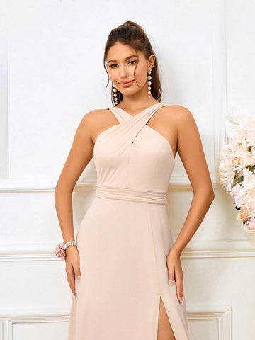 Elegant Pleated Side Slit A-Line Bridesmaid Dress