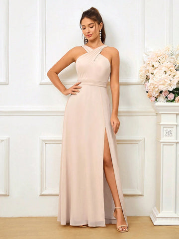 Elegant Pleated Side Slit A-Line Bridesmaid Dress