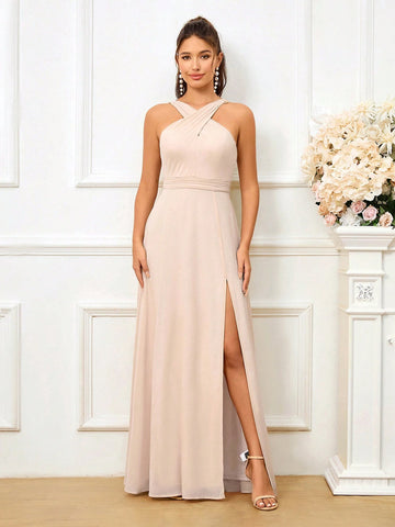 Elegant Pleated Side Slit A-Line Bridesmaid Dress