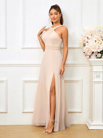 Elegant Pleated Side Slit A-Line Bridesmaid Dress