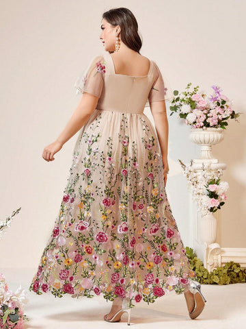 Elegant Plus Size Champagne Khaki Positioning Mesh Romantic Floral Embroidery Event Bridesmaid Ramadan Music Festival Heavy Duty Dinner Prom Dresses