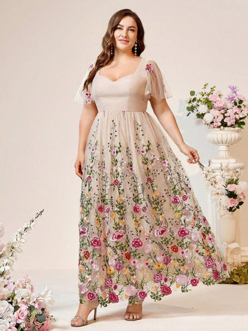 Elegant Plus Size Champagne Khaki Positioning Mesh Romantic Floral Embroidery Event Bridesmaid Ramadan Music Festival Heavy Duty Dinner Prom Dresses