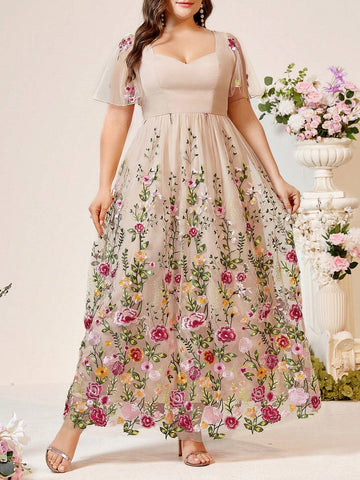 Elegant Plus Size Champagne Khaki Positioning Mesh Romantic Floral Embroidery Event Bridesmaid Ramadan Music Festival Heavy Duty Dinner Prom Dresses