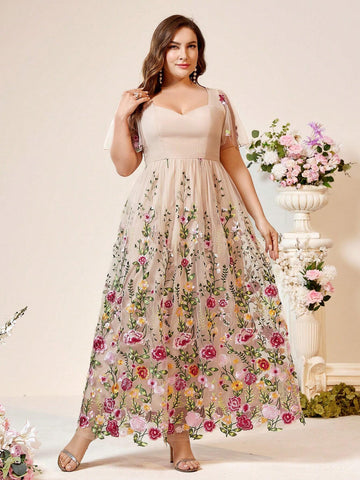 Elegant Plus Size Champagne Khaki Positioning Mesh Romantic Floral Embroidery Event Bridesmaid Ramadan Music Festival Heavy Duty Dinner Prom Dresses