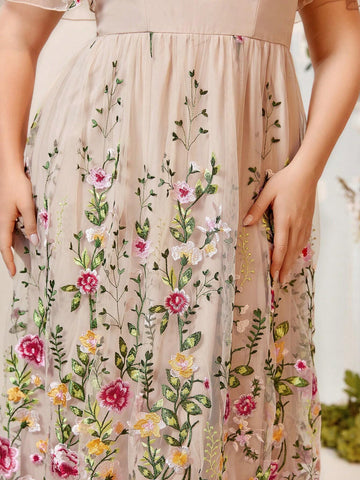 Elegant Plus Size Champagne Khaki Positioning Mesh Romantic Floral Embroidery Event Bridesmaid Ramadan Music Festival Heavy Duty Dinner Prom Dresses