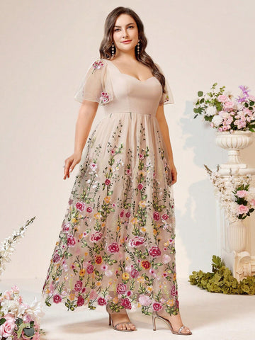 Elegant Plus Size Champagne Khaki Positioning Mesh Romantic Floral Embroidery Event Bridesmaid Ramadan Music Festival Heavy Duty Dinner Prom Dresses