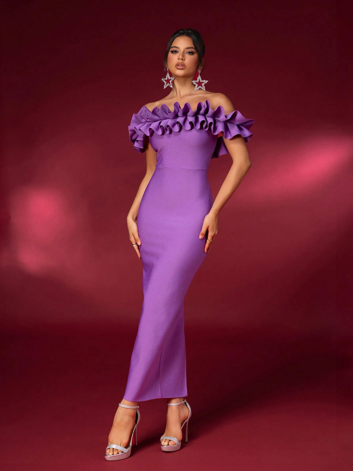 Elegant Purple Off-Shoulder Ruffle-Trimmed Dress, Ruffle, High-Waisted, Bodycon Bandage Dress With Back Slit, Suitable For Date, Single Party, Graduation, Wedding, And Other Occasions