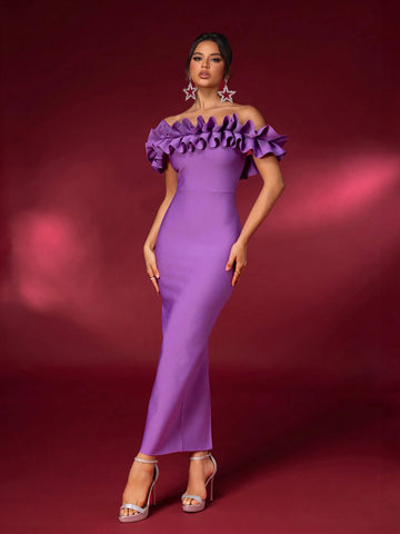 Elegant Purple Off-Shoulder Ruffle-Trimmed Dress, Ruffle, High-Waisted, Bodycon Bandage Dress With Back Slit, Suitable For Date, Single Party, Graduation, Wedding, And Other Occasions