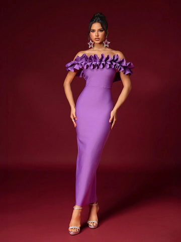 Elegant Purple Off-Shoulder Ruffle-Trimmed Dress, Ruffle, High-Waisted, Bodycon Bandage Dress With Back Slit, Suitable For Date, Single Party, Graduation, Wedding, And Other Occasions