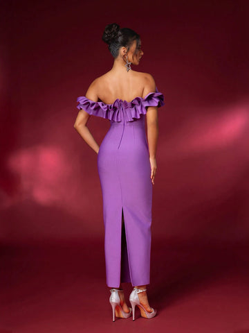 Elegant Purple Off-Shoulder Ruffle-Trimmed Dress, Ruffle, High-Waisted, Bodycon Bandage Dress With Back Slit, Suitable For Date, Single Party, Graduation, Wedding, And Other Occasions