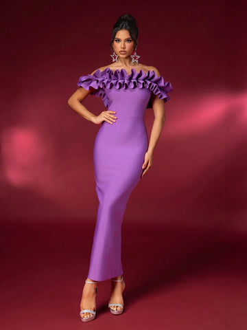 Elegant Purple Off-Shoulder Ruffle-Trimmed Dress, Ruffle, High-Waisted, Bodycon Bandage Dress With Back Slit, Suitable For Date, Single Party, Graduation, Wedding, And Other Occasions