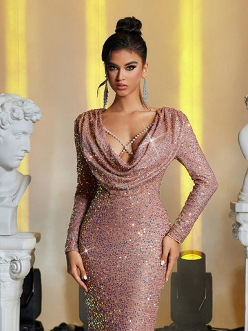 Elegant Red Glittery Beaded Deep V-Neck Off Shoulder Feather Tassel Waist See-Through Mermaid Tail Backless Evening Gown Maxi Dress For Party, Wedding, Dating