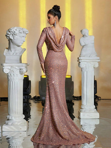 Elegant Red Glittery Beaded Deep V-Neck Off Shoulder Feather Tassel Waist See-Through Mermaid Tail Backless Evening Gown Maxi Dress For Party, Wedding, Dating