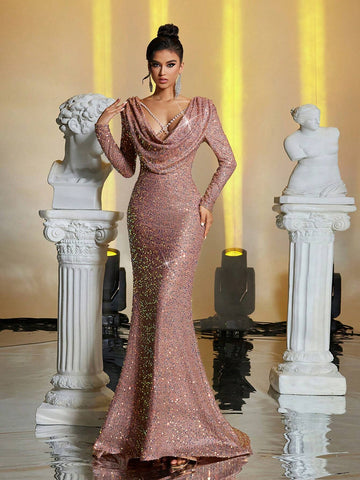 Elegant Red Glittery Beaded Deep V-Neck Off Shoulder Feather Tassel Waist See-Through Mermaid Tail Backless Evening Gown Maxi Dress For Party, Wedding, Dating