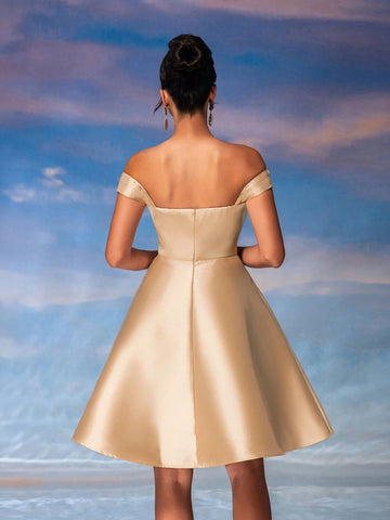 Elegant Retro Champagne-Colored Glossy Satin Off-Shoulder Dress With Pleated Chest, 3D Exaggerated Shoulder Design, High Waist A-Line Dress Suitable For Parties, Afternoon Tea, Dates And Cocktail Parties