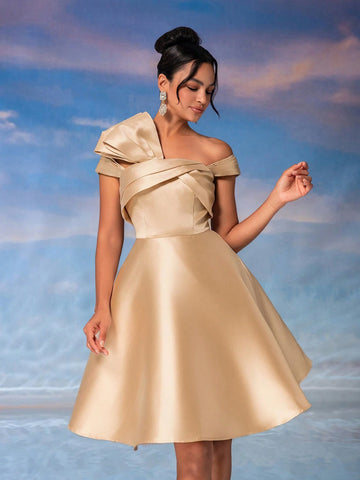 Elegant Retro Champagne-Colored Glossy Satin Off-Shoulder Dress With Pleated Chest, 3D Exaggerated Shoulder Design, High Waist A-Line Dress Suitable For Parties, Afternoon Tea, Dates And Cocktail Parties