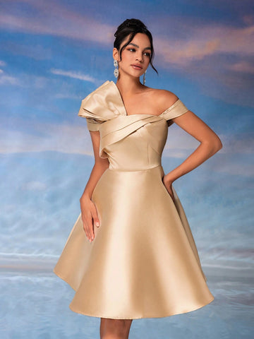 Elegant Retro Champagne-Colored Glossy Satin Off-Shoulder Dress With Pleated Chest, 3D Exaggerated Shoulder Design, High Waist A-Line Dress Suitable For Parties, Afternoon Tea, Dates And Cocktail Parties