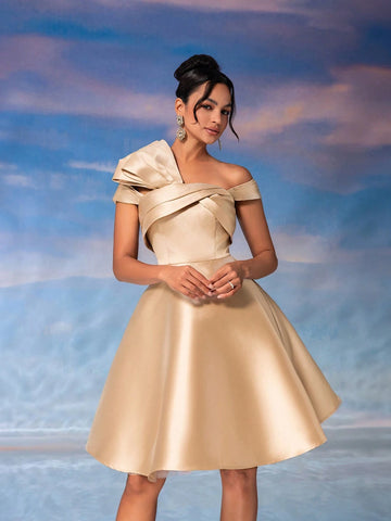 Elegant Retro Champagne-Colored Glossy Satin Off-Shoulder Dress With Pleated Chest, 3D Exaggerated Shoulder Design, High Waist A-Line Dress Suitable For Parties, Afternoon Tea, Dates And Cocktail Parties