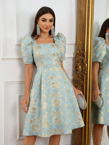 Elegant, Retro, Gorgeous, Charming, Exquisite And Fashionable, Women's Aqua Blue , High Waist, A-Shaped Umbrella Hem, Mid-Length Dress, Perfect For Mother's Day, Graduation Prom, Afternoon Tea Party, Cocktail Party
