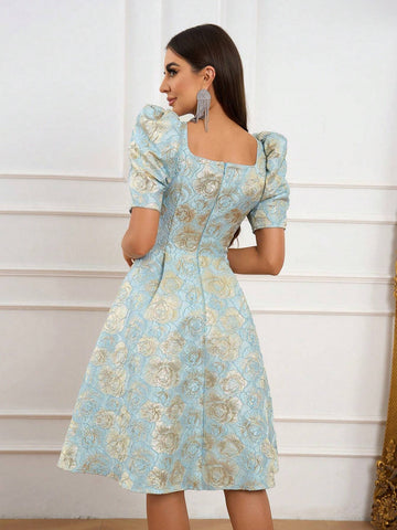 Elegant, Retro, Gorgeous, Charming, Exquisite And Fashionable, Women's Aqua Blue , High Waist, A-Shaped Umbrella Hem, Mid-Length Dress, Perfect For Mother's Day, Graduation Prom, Afternoon Tea Party, Cocktail Party