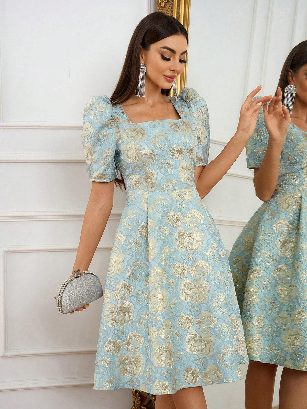 Elegant, Retro, Gorgeous, Charming, Exquisite And Fashionable, Women's Aqua Blue , High Waist, A-Shaped Umbrella Hem, Mid-Length Dress, Perfect For Mother's Day, Graduation Prom, Afternoon Tea Party, Cocktail Party