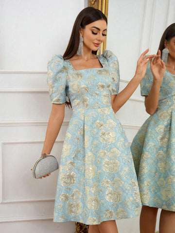 Elegant, Retro, Gorgeous, Charming, Exquisite And Fashionable, Women's Aqua Blue , High Waist, A-Shaped Umbrella Hem, Mid-Length Dress, Perfect For Mother's Day, Graduation Prom, Afternoon Tea Party, Cocktail Party