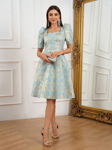 Elegant, Retro, Gorgeous, Charming, Exquisite And Fashionable, Women's Aqua Blue , High Waist, A-Shaped Umbrella Hem, Mid-Length Dress, Perfect For Mother's Day, Graduation Prom, Afternoon Tea Party, Cocktail Party