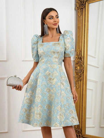 Elegant, Retro, Gorgeous, Charming, Exquisite And Fashionable, Women's Aqua Blue , High Waist, A-Shaped Umbrella Hem, Mid-Length Dress, Perfect For Mother's Day, Graduation Prom, Afternoon Tea Party, Cocktail Party