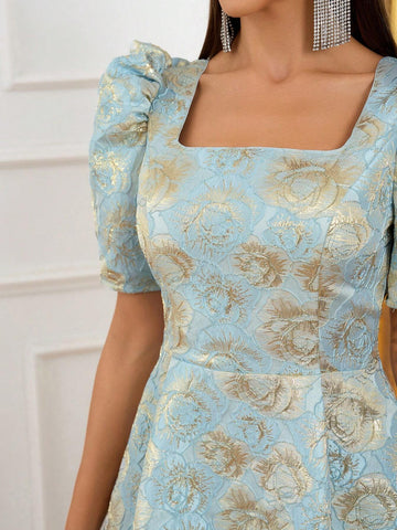 Elegant, Retro, Gorgeous, Charming, Exquisite And Fashionable, Women's Aqua Blue , High Waist, A-Shaped Umbrella Hem, Mid-Length Dress, Perfect For Mother's Day, Graduation Prom, Afternoon Tea Party, Cocktail Party