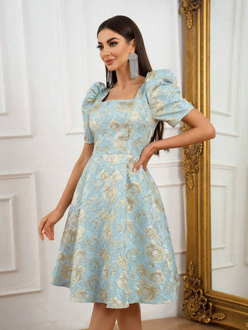 Elegant, Retro, Gorgeous, Charming, Exquisite And Fashionable, Women's Aqua Blue , High Waist, A-Shaped Umbrella Hem, Mid-Length Dress, Perfect For Mother's Day, Graduation Prom, Afternoon Tea Party, Cocktail Party