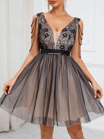 Elegant, Retro, Gorgeous, Dignified And Charming, Classic Black Lace Splicing, Mesh,  Vacation Travel Party, Wedding Guest, Bachelorette Party, Music Festival, Prom, Afternoon Tea Date Cocktail Dress