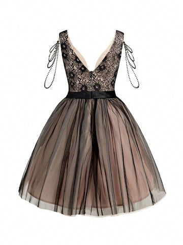 Elegant, Retro, Gorgeous, Dignified And Charming, Classic Black Lace Splicing, Mesh,  Vacation Travel Party, Wedding Guest, Bachelorette Party, Music Festival, Prom, Afternoon Tea Date Cocktail Dress