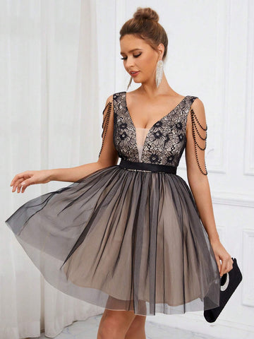 Elegant, Retro, Gorgeous, Dignified And Charming, Classic Black Lace Splicing, Mesh,  Vacation Travel Party, Wedding Guest, Bachelorette Party, Music Festival, Prom, Afternoon Tea Date Cocktail Dress