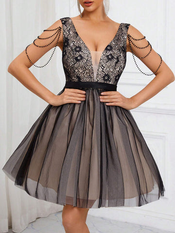 Elegant, Retro, Gorgeous, Dignified And Charming, Classic Black Lace Splicing, Mesh,  Vacation Travel Party, Wedding Guest, Bachelorette Party, Music Festival, Prom, Afternoon Tea Date Cocktail Dress