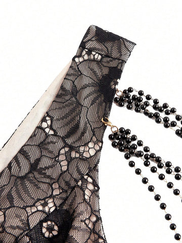 Elegant, Retro, Gorgeous, Dignified And Charming, Classic Black Lace Splicing, Mesh,  Vacation Travel Party, Wedding Guest, Bachelorette Party, Music Festival, Prom, Afternoon Tea Date Cocktail Dress