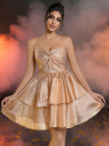 Elegant, Romantic And Cute Champagne Gold Shiny Organza Strapless Tube Top Double Layer Cake Skirt Christmas Party Prom Dress