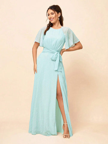 Elegant, Romantic And Cute Light Green Dotted Chiffon With See-Through Small Flying Sleeves, Sexy Backless Belt Tied With Bow, High Slit And Large A-Swing, Suitable For Wedding Bachelor Party, Vacation, Graduation Ceremony And Prom Bridesmaid Dress