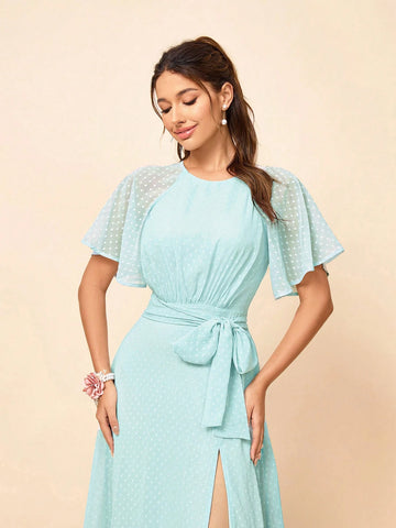 Elegant, Romantic And Cute Light Green Dotted Chiffon With See-Through Small Flying Sleeves, Sexy Backless Belt Tied With Bow, High Slit And Large A-Swing, Suitable For Wedding Bachelor Party, Vacation, Graduation Ceremony And Prom Bridesmaid Dress