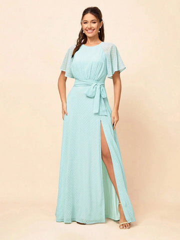 Elegant, Romantic And Cute Light Green Dotted Chiffon With See-Through Small Flying Sleeves, Sexy Backless Belt Tied With Bow, High Slit And Large A-Swing, Suitable For Wedding Bachelor Party, Vacation, Graduation Ceremony And Prom Bridesmaid Dress