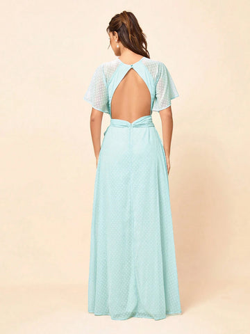 Elegant, Romantic And Cute Light Green Dotted Chiffon With See-Through Small Flying Sleeves, Sexy Backless Belt Tied With Bow, High Slit And Large A-Swing, Suitable For Wedding Bachelor Party, Vacation, Graduation Ceremony And Prom Bridesmaid Dress