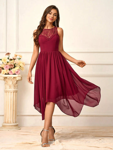 Elegant, Romantic And Elegant Purple Round Neck Lace Splicing Asymmetrical Irregular Hem Backless Design High Waist A-Shaped Umbrella Skirt Vacation Outdoor Wedding Bridesmaid Dress