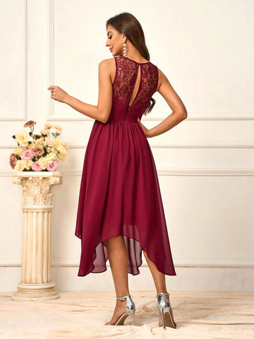 Elegant, Romantic And Elegant Purple Round Neck Lace Splicing Asymmetrical Irregular Hem Backless Design High Waist A-Shaped Umbrella Skirt Vacation Outdoor Wedding Bridesmaid Dress