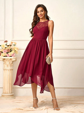 Elegant, Romantic And Elegant Purple Round Neck Lace Splicing Asymmetrical Irregular Hem Backless Design High Waist A-Shaped Umbrella Skirt Vacation Outdoor Wedding Bridesmaid Dress